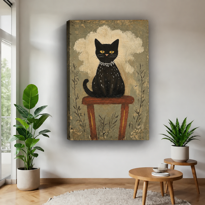 Unframed gallery-wrap folk art black cat canvas wall art shown from an angled side view on a wall.