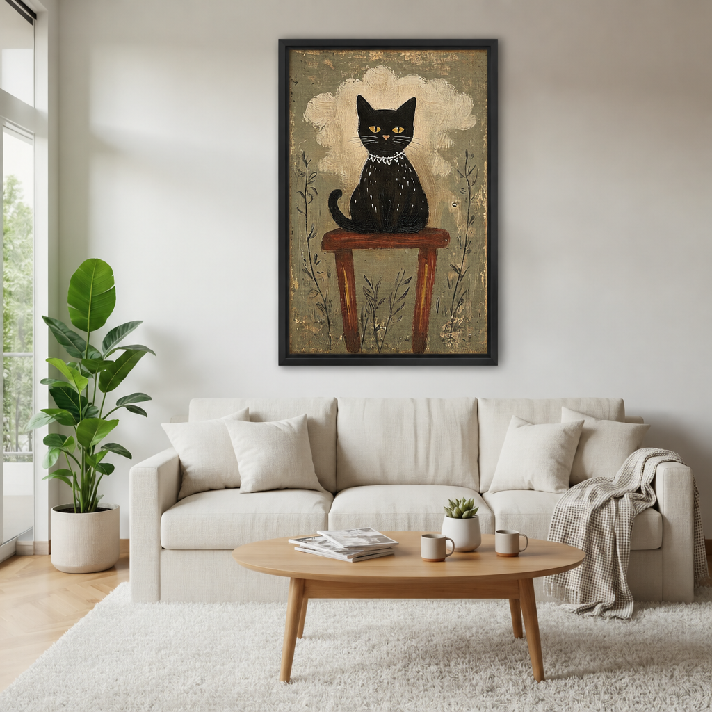 Folk art black cat canvas wall art framed in black above a beige linen sofa in a cozy living room.