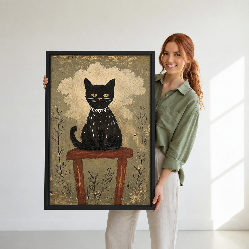 Smiling woman holding a large framed folk art black cat canvas wall art print indoors.