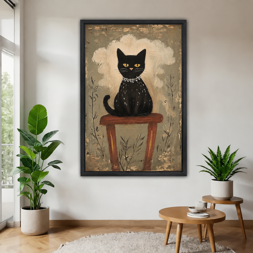Framed folk art black cat canvas wall art hanging above a round wooden coffee table.