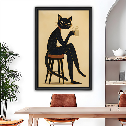 Folk art black cat holding coffee mug on stool framed canvas wall art in boho dining room warm sand tones