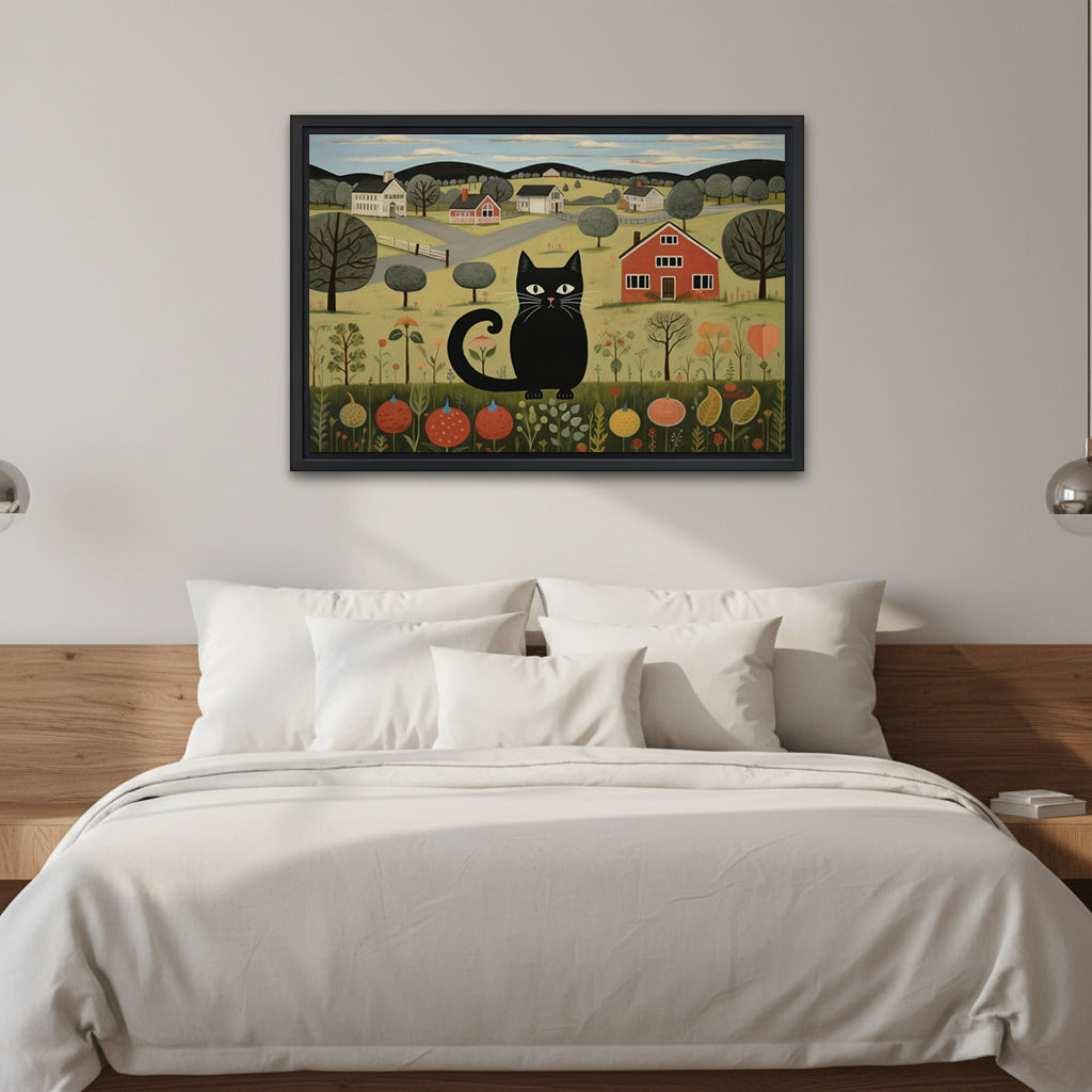 Framed folk art black cat canvas wall art above a white bed with a wooden headboard