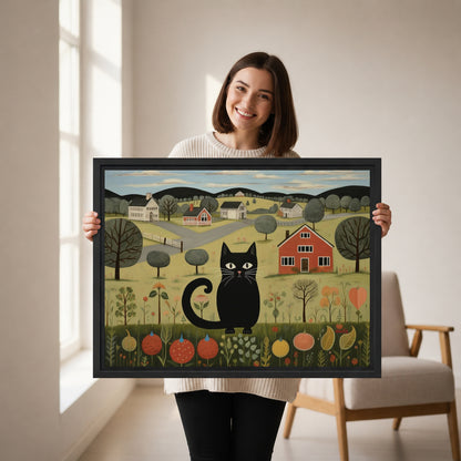 Woman holding framed folk art black cat canvas wall art featuring a red barn and colorful garden