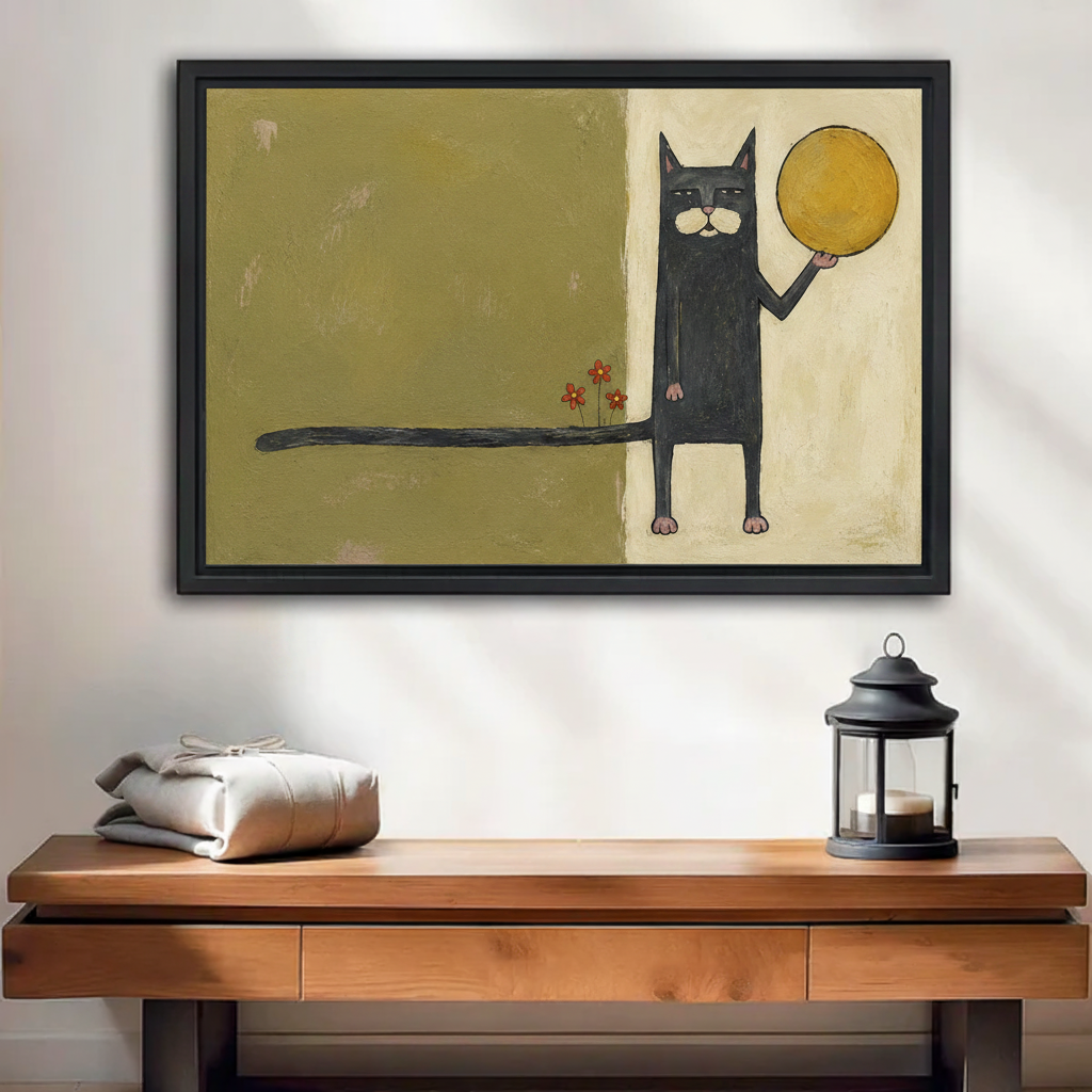 Folk art black cat moon framed canvas wall art in black floating frame above wooden entryway console table with lantern