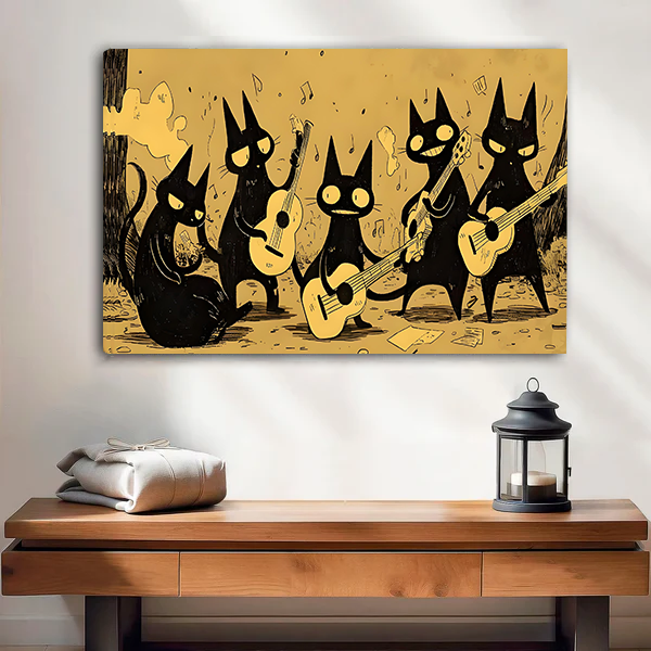 Unframed gallery-wrap canvas of whimsical black cats strumming guitars, displayed above a console table with warm ambient light