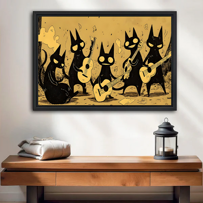 Folk art framed canvas print of five black cats playing guitars on golden background, hung above a wooden console table