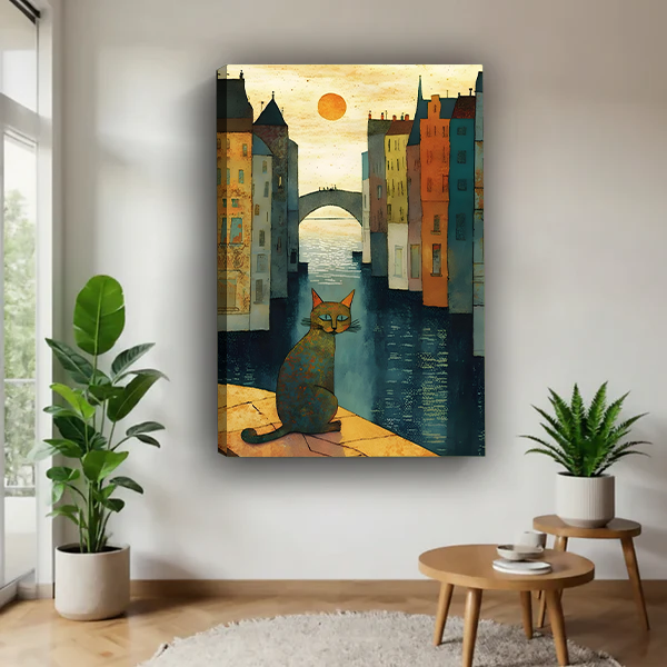 Unframed folk art cat and canal city canvas print displayed on a neutral wall in a modern living room