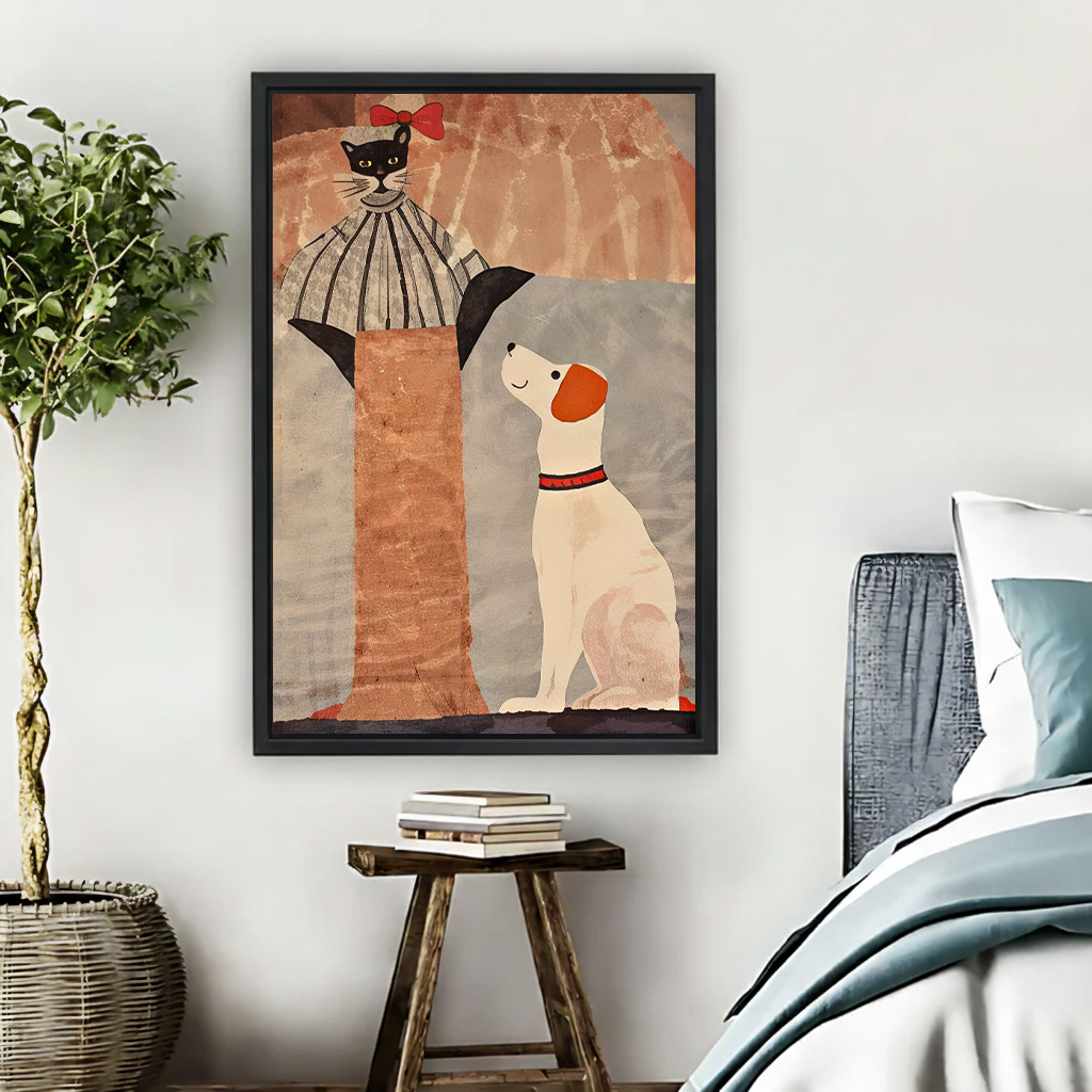 Folk Art Cat and Dog Canvas Wall Art | Framed & Unframed l5092