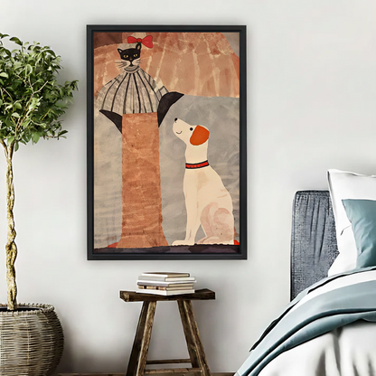 Folk Art Cat and Dog Canvas Wall Art | Framed & Unframed l5092