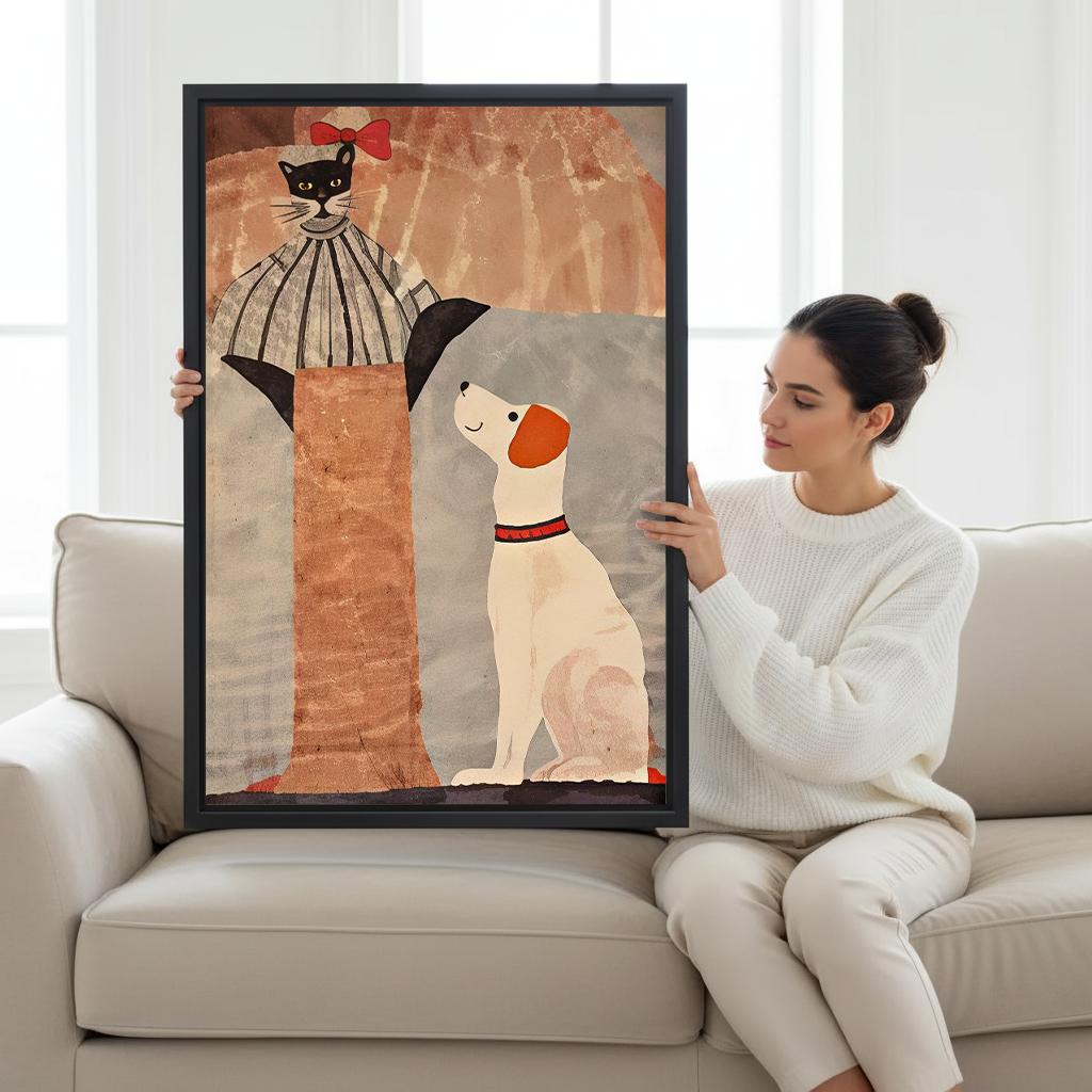 Folk Art Cat and Dog Canvas Wall Art | Framed & Unframed l5092