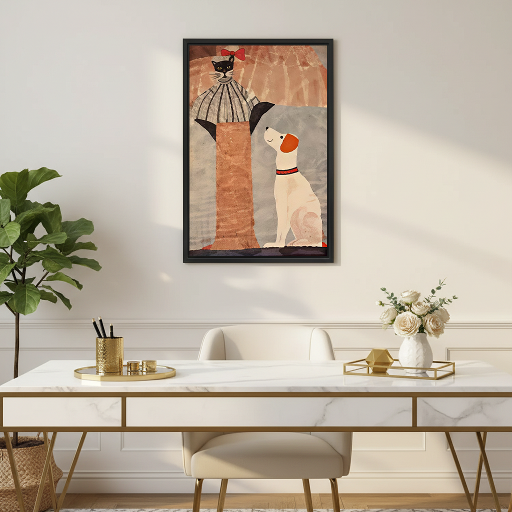 Folk Art Cat and Dog Canvas Wall Art | Framed & Unframed l5092