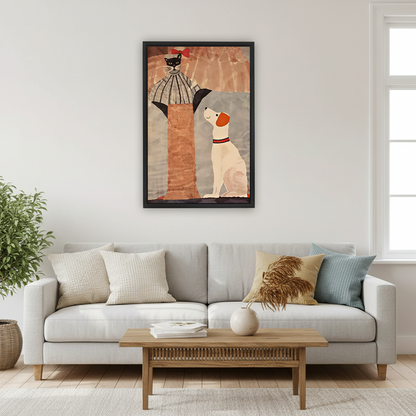 Folk Art Cat and Dog Canvas Wall Art | Framed & Unframed l5092