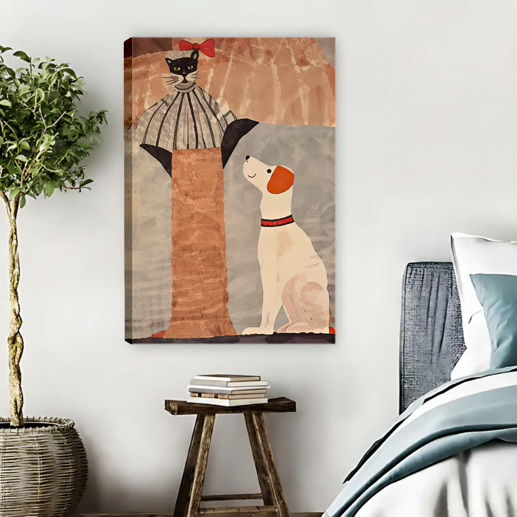 Folk Art Cat and Dog Canvas Wall Art | Framed & Unframed l5092