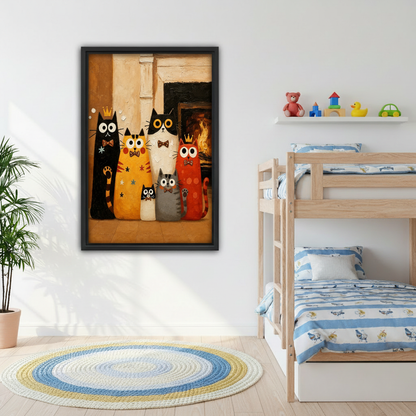 Folk art cat family canvas wall art in black float frame on white wall in modern bedroom with neutral linen bedding