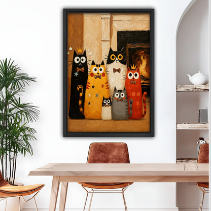 Folk art cat family canvas wall art in black float frame above wooden dining table with arched doorway and palm plant