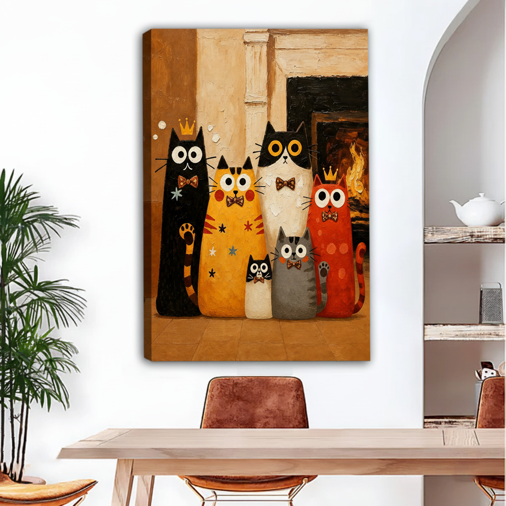 Folk art cat family canvas wall art as gallery wrap on white wall above modern dining table with leather chairs