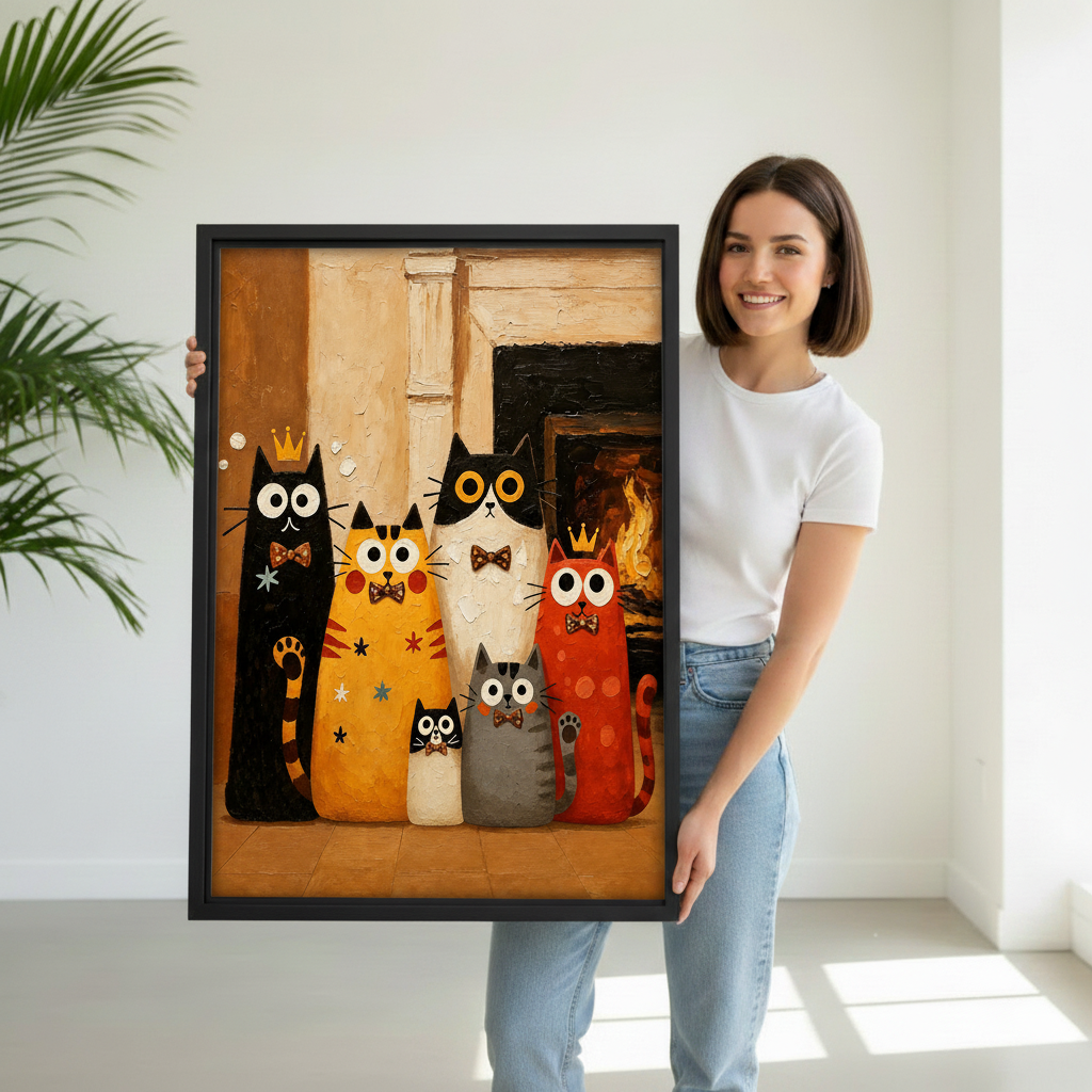 Woman holding folk art cat family canvas wall art in black float frame in bright white studio with green palm plant