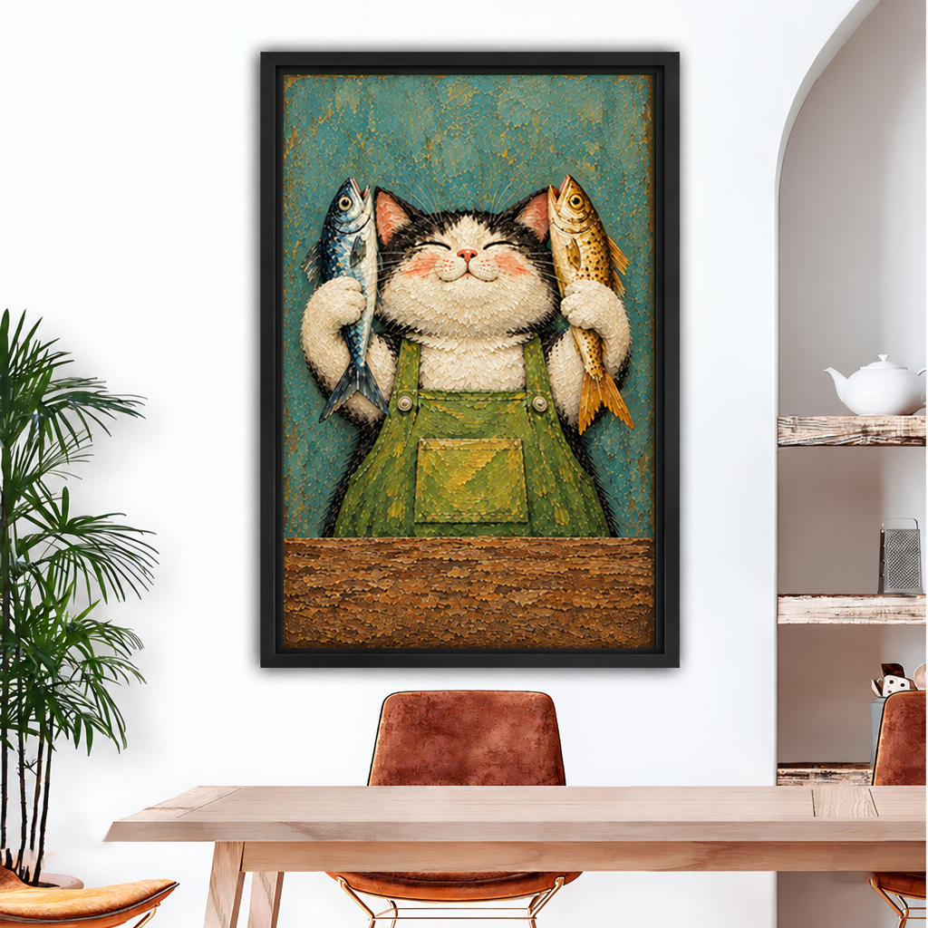 Framed folk art cat fisherman canvas wall art displayed above a wood dining table with leather chairs.