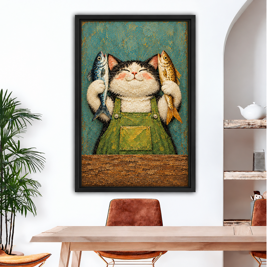 Framed folk art cat fisherman canvas wall art displayed above a wood dining table with leather chairs.