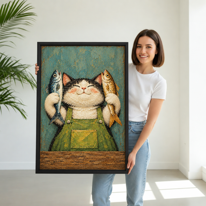 Woman holding large framed folk art cat fisherman canvas wall art with textured teal background.