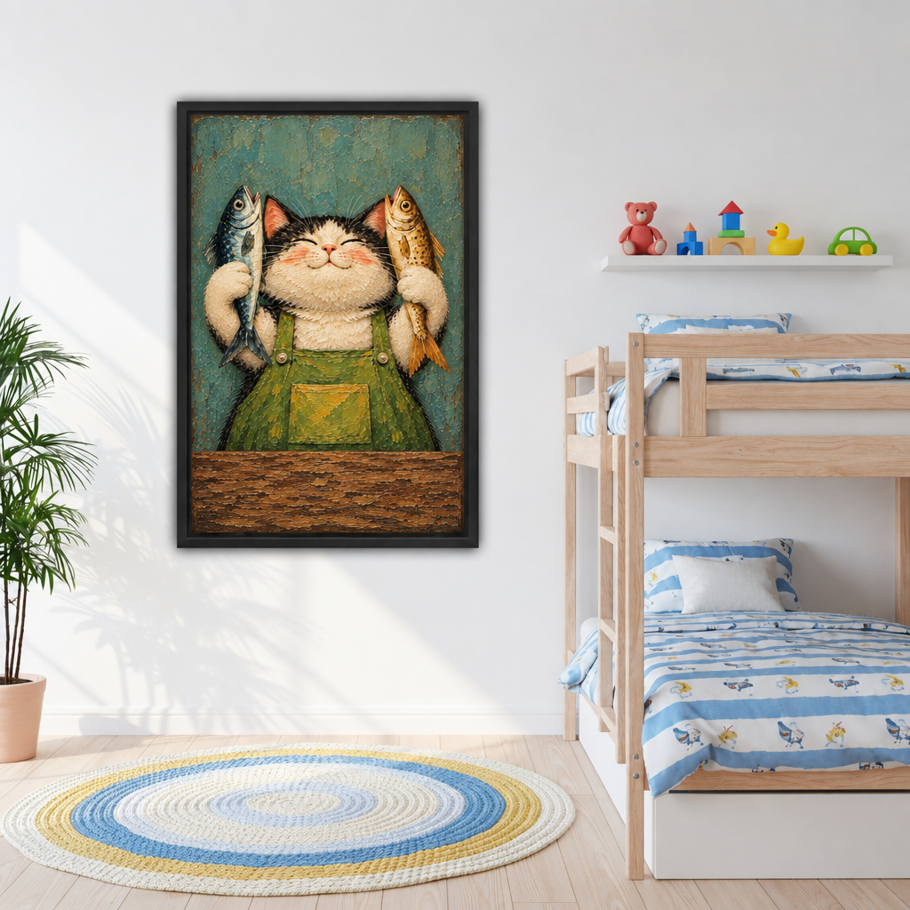 Framed folk art cat fisherman canvas wall art hanging beside a kids bunk bed with striped bedding.