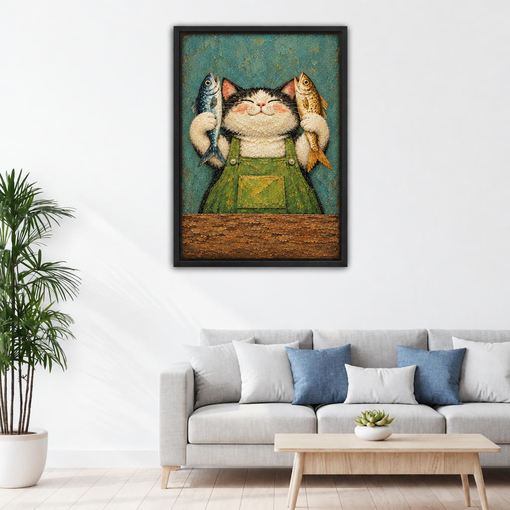Framed folk art cat fisherman canvas wall art displayed above a grey sofa with blue pillows.