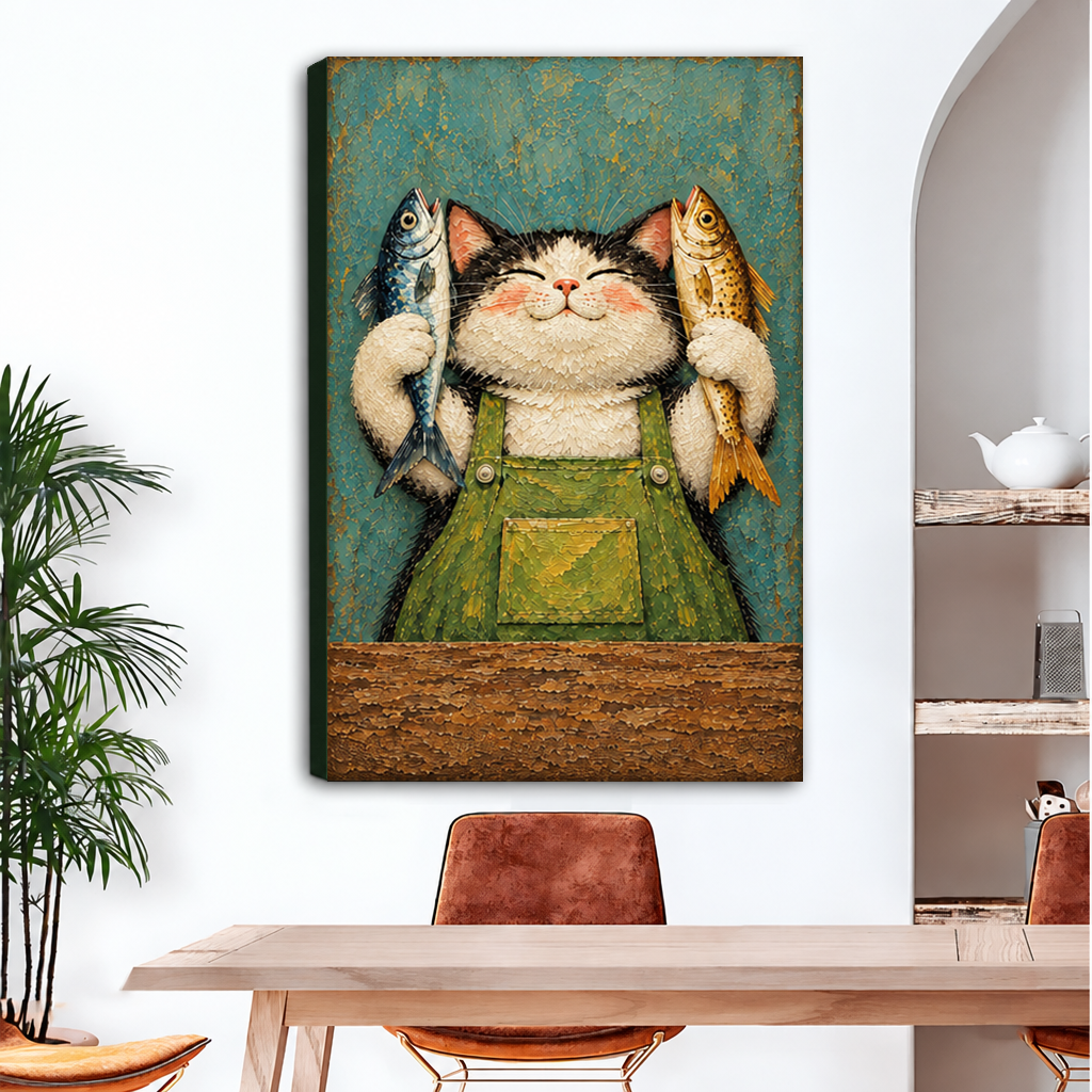 Unframed gallery-wrap folk art cat fisherman canvas wall art with a cat in green overalls holding two fish.