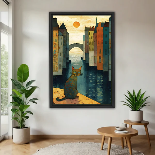 folk-art-cat-venice-canal-black-frame-living-room