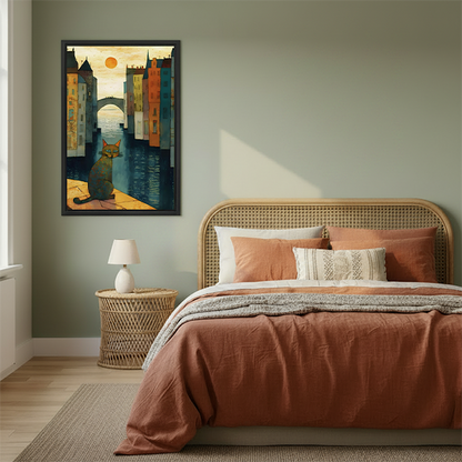Framed folk art cat canal city canvas print displayed above a rattan bed in a sage green boho bedroom