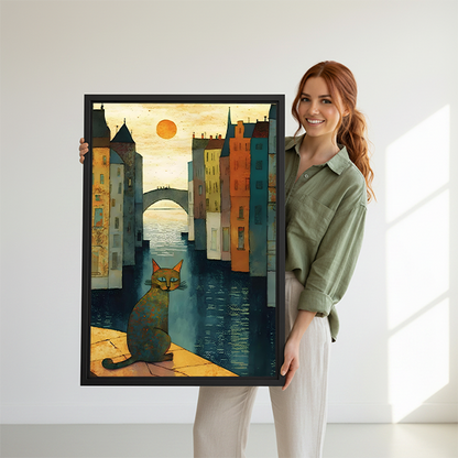 Smiling woman holding large black framed folk art cat Venice canal canvas print to show size