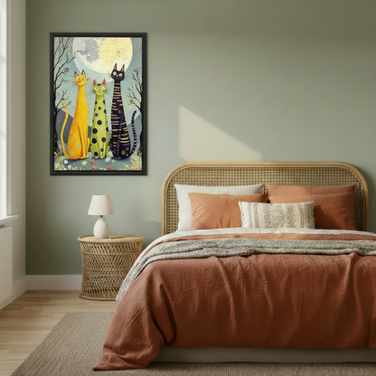 Colorful folk art framed wall art featuring three quirky cats under a glowing full moon with bare winter trees, displayed on sage green bedroom wall above a rattan bed with terracotta bedding