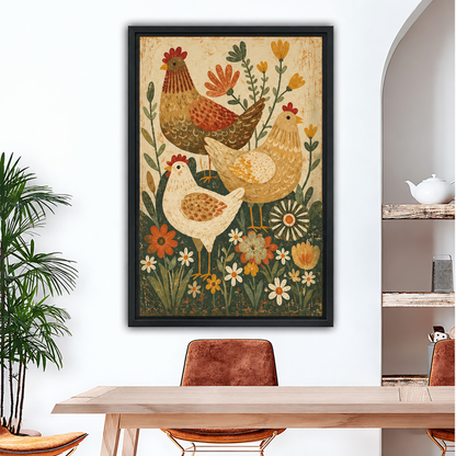 Framed folk art chicken canvas wall art with three hens and daisies displayed above a dining table.