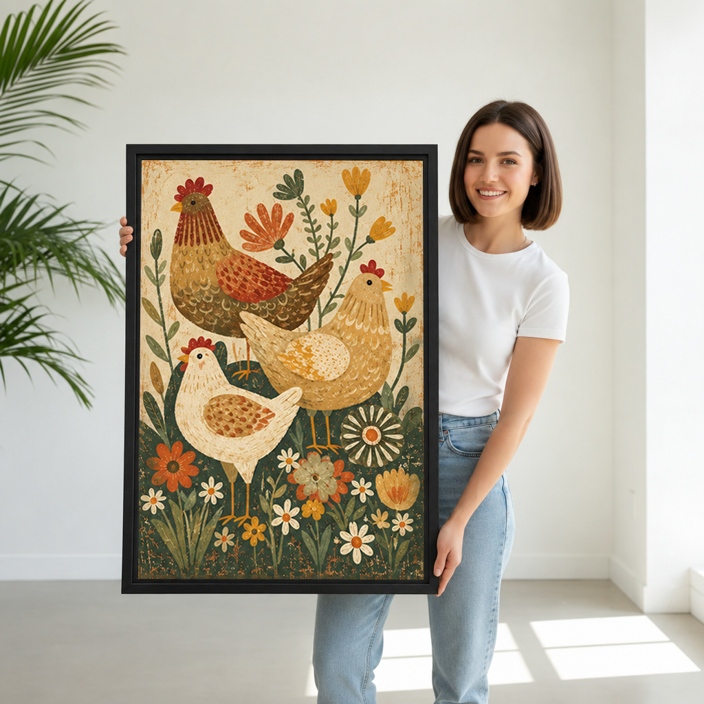 A woman holds folk art chicken canvas wall art featuring three hens and colorful garden flowers