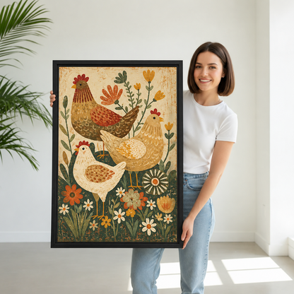 A woman holds folk art chicken canvas wall art featuring three hens and colorful garden flowers