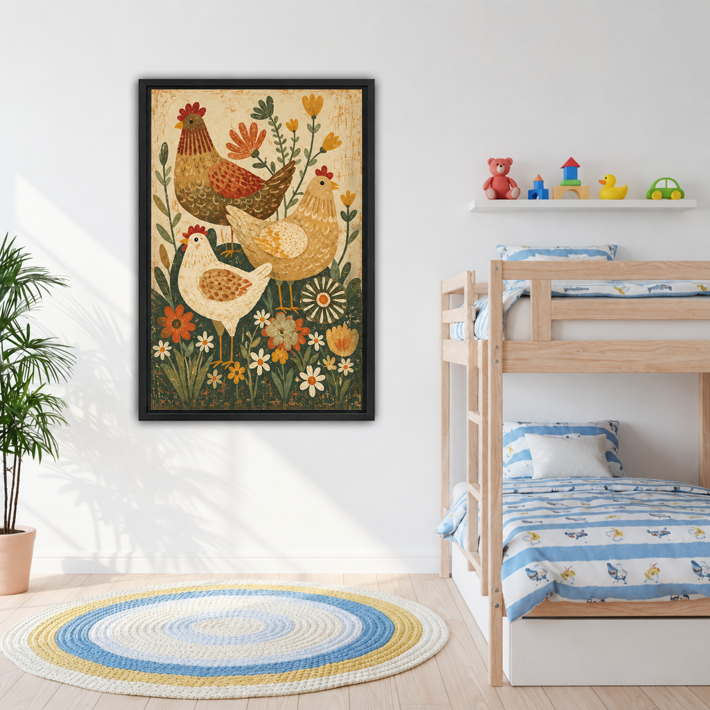 Framed folk art chicken canvas wall art with three hens and flowers displayed beside a child's bunk bed.