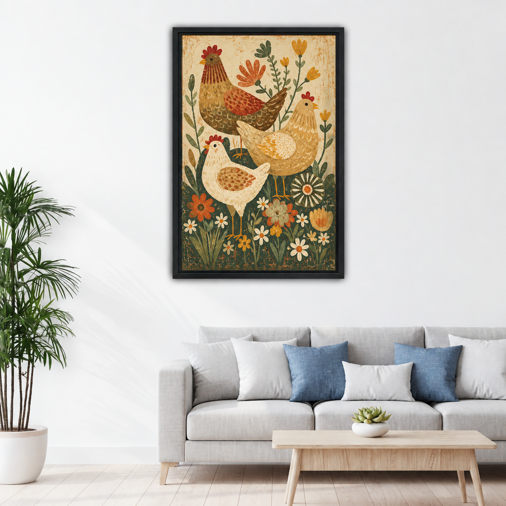 Folk art chicken canvas wall art showing three hens among flowers, displayed above a living room sofa.