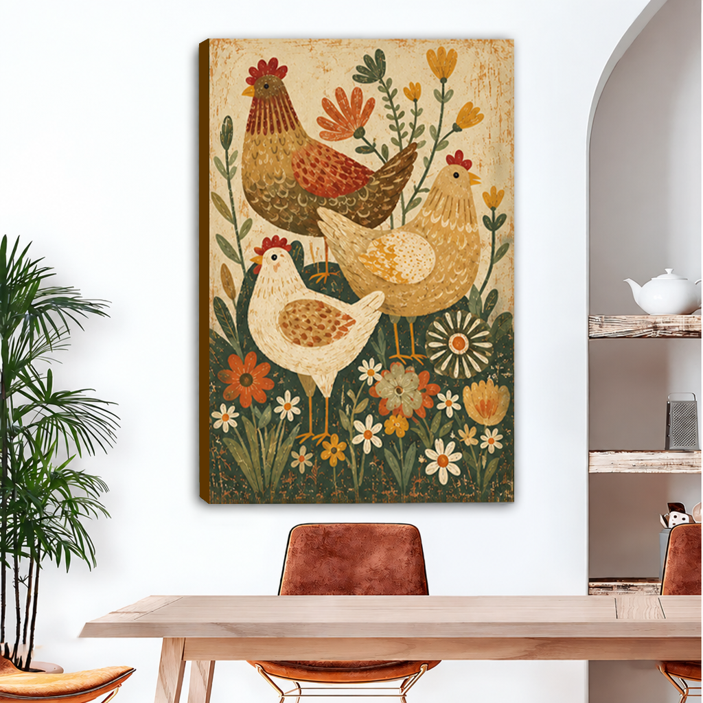 Gallery-wrap folk art chicken canvas wall art featuring three hens among flowers in a dining room.