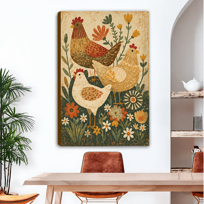 Gallery-wrap folk art chicken canvas wall art featuring three hens among flowers in a dining room.