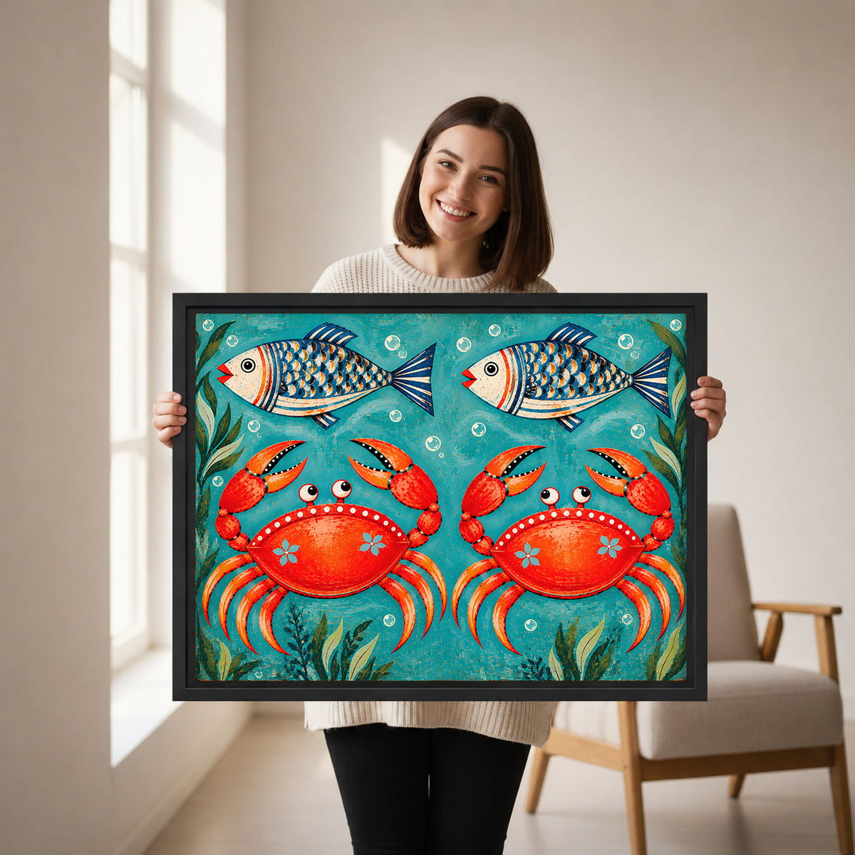 Smiling woman holding large folk art coastal red crab and fish framed canvas wall art size reference in bright room with armchair and window light