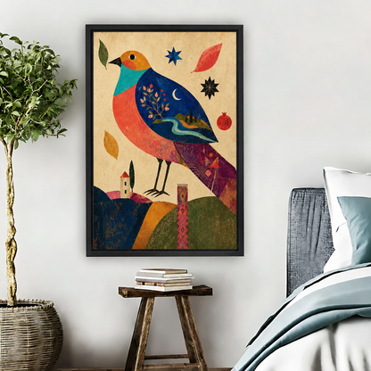 Black-framed folk art colorful bird canvas wall art featuring a crescent moon and winding river beside a bed.