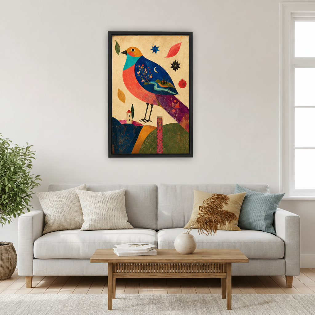 Black-framed folk art colorful bird canvas wall art displayed above a light gray sofa and wooden coffee table.