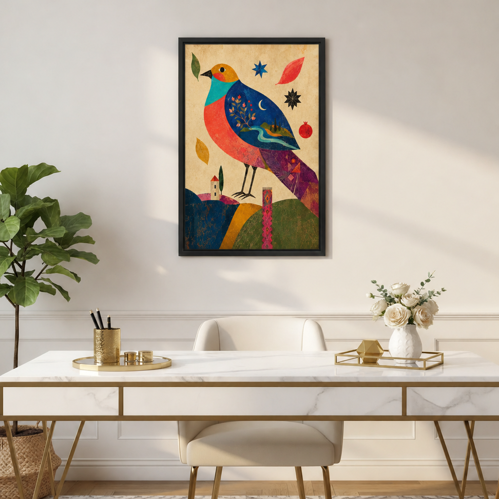  Folk art colorful bird canvas wall art in a black frame above a white and gold desk with flowers.