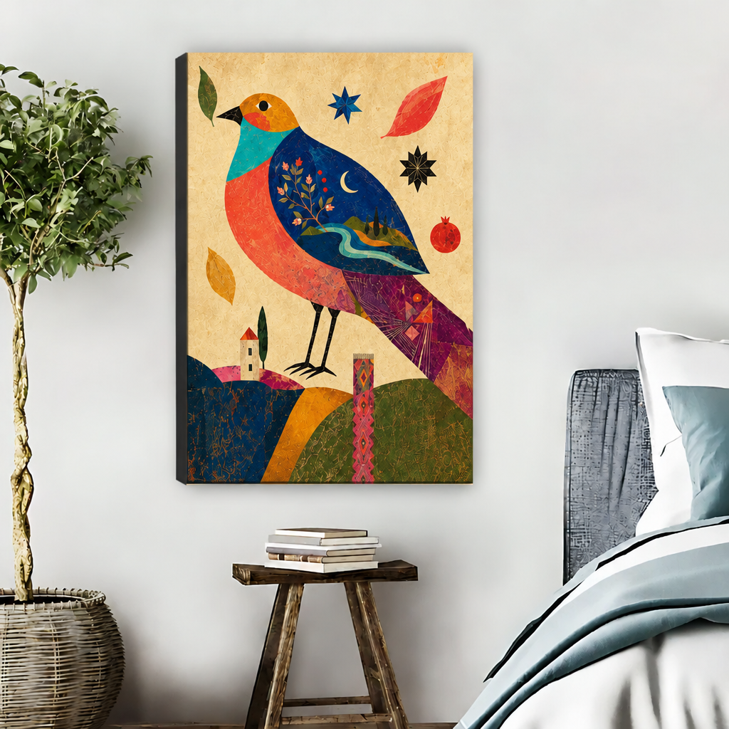  Unframed folk art colorful bird canvas wall art displayed beside a bed above a wooden stool with books.