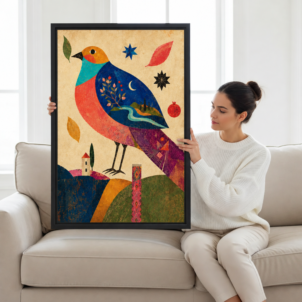 Woman seated on a beige sofa holding black-framed folk art colorful bird canvas wall art with landscape details.