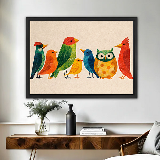 Folk art colorful birds canvas wall art in black float frame above wooden console table with black vase and white ceramic pot