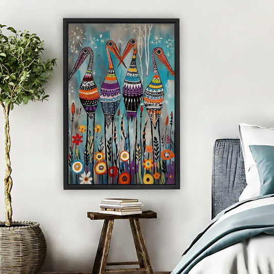 Framed folk art canvas wall art of four patterned long-beaked birds among wildflowers hung beside a bed in a boho bedroom