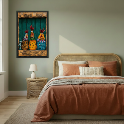 Folk art colorful rooster trio canvas wall art in cozy bedroom – whimsical farmhouse chicken print rustic home decor