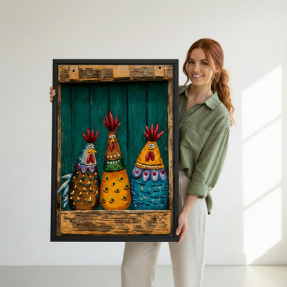 Woman holding folk art colorful rooster trio framed canvas wall art – funny farmhouse chicken print with rustic wood frame