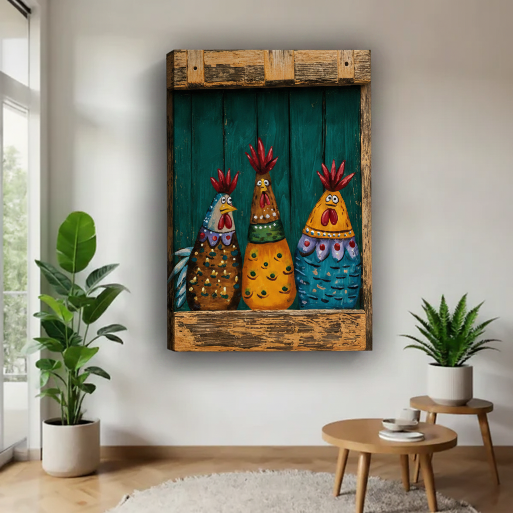 Folk art colorful rooster trio canvas art print unframed – funny farmhouse chicken wall decor with rustic teal background