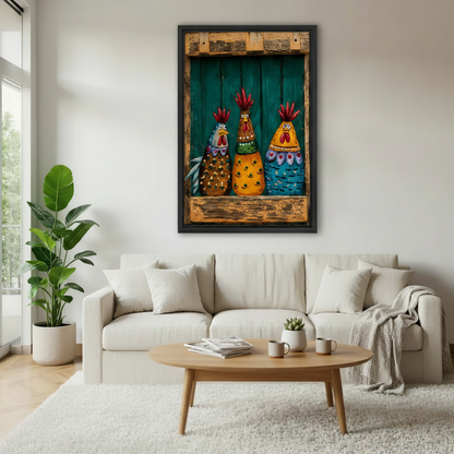 Folk art colorful rooster trio framed canvas wall art in modern living room – funny farmhouse chicken print home decor